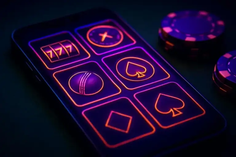 Smartphone on a felt table showing slot, roulette and sports tiles