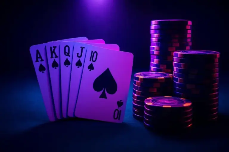 Fanned playing cards on green felt beside tall stacks of casino chips