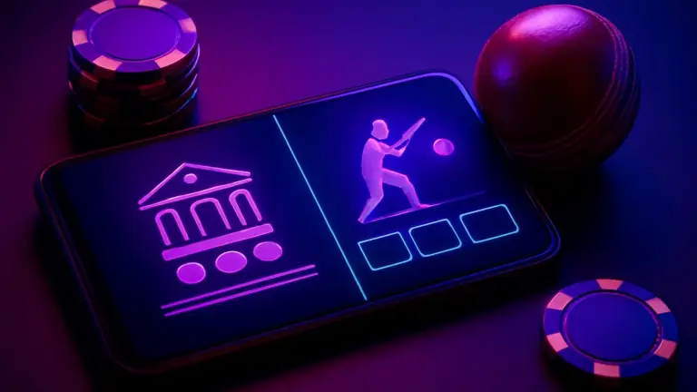 Smartphone with a split screen: a casino tile on one side and a cricket match on the other