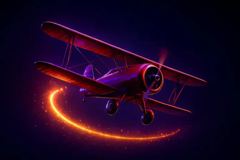 Aviator artwork with a plane, a rising curve and a dark gradient sky
