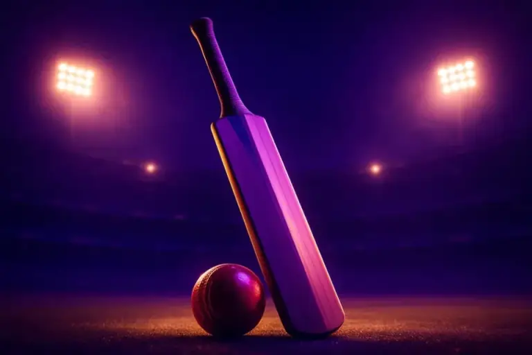 Cricket bat and ball theme under bright stadium floodlights