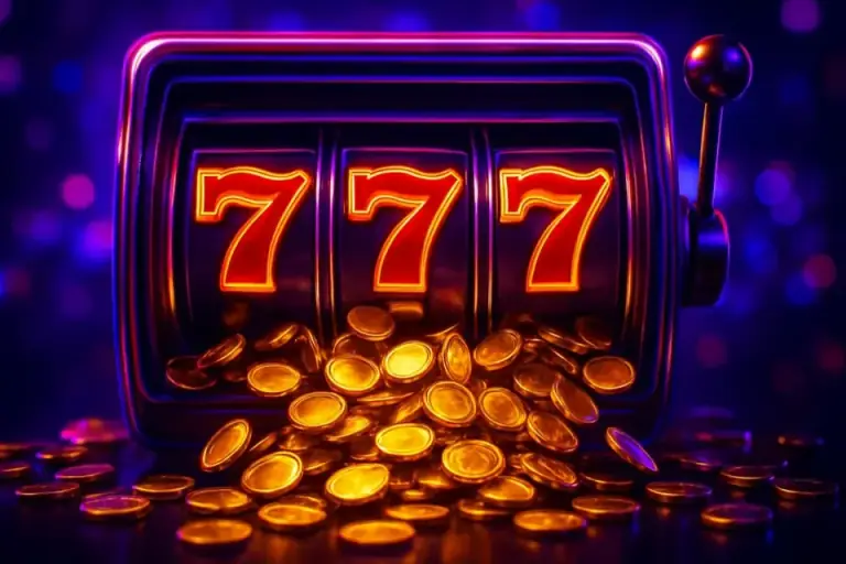 Slot machine reels and a cascade of gold coins under casino lights