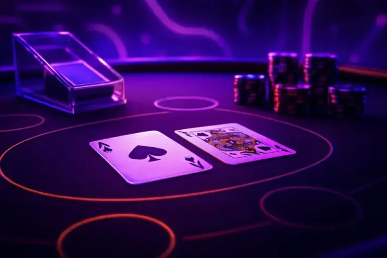 Live table game setup: cards, a shoe and chips on green felt