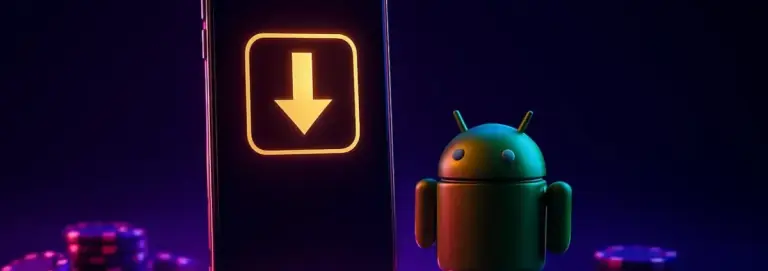 Mobile phone displaying a download arrow beside a small Android robot and casino chips