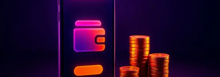 Mobile wallet app on a phone, a balance card on screen and coins nearby