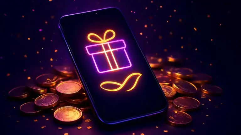 Phone with a bonus gift icon on the screen and confetti of light (60BD guide)