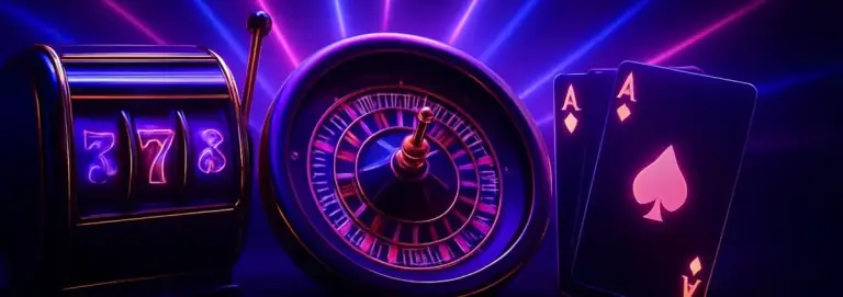 Slots, roulette and card games pictured together on a dark stage