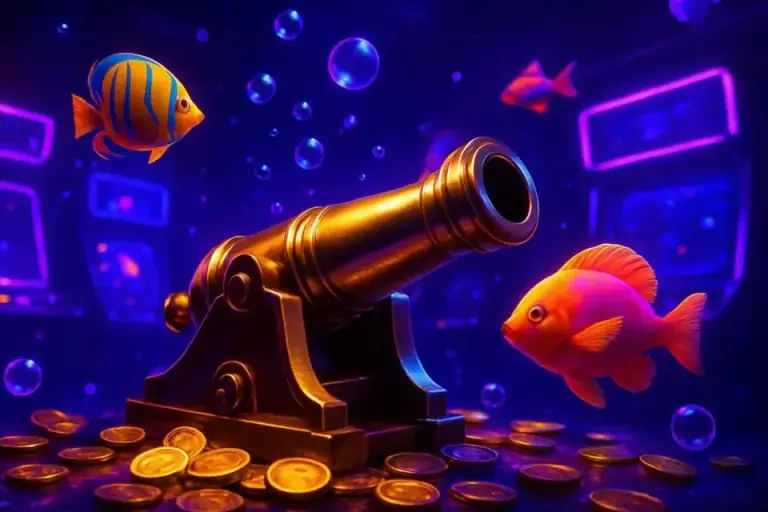 Bright tropical fish and a gold cannon in a fishing arcade game